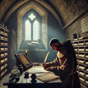 mnich zapisujący pierwsze zdanie po polsku