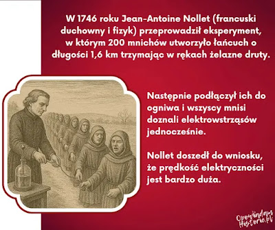 Eksperyment Nolleta Mnisi stoją w szeregu i trzymają drut w eksperymencie Nolleta