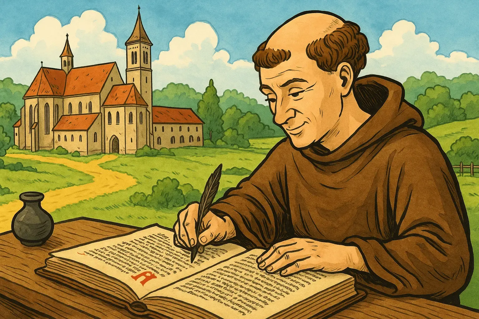 Księga Henrykowska Mnich piszący Księgę Henrykowską na tle klasztoru w Henrykowie