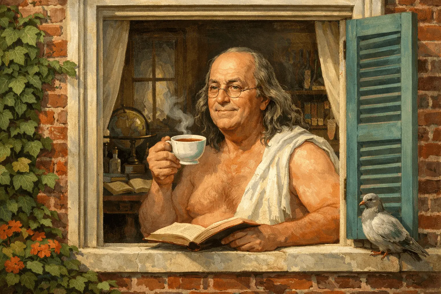 Benjamin Franklin w oknie podczas kąpieli powietrznej